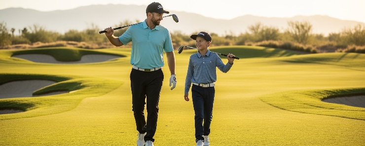 Father Son Walking On Golf Green