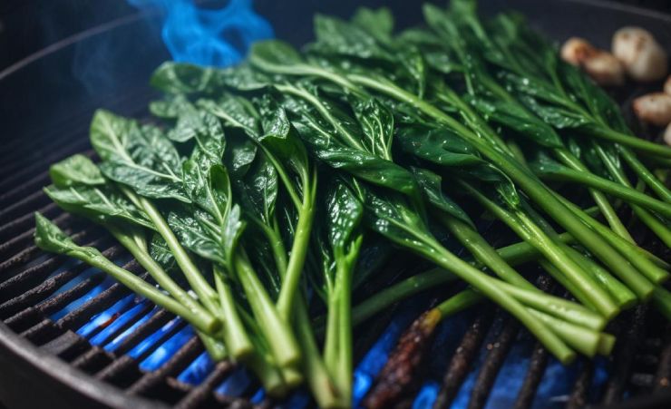 gai lan roasting over a grill