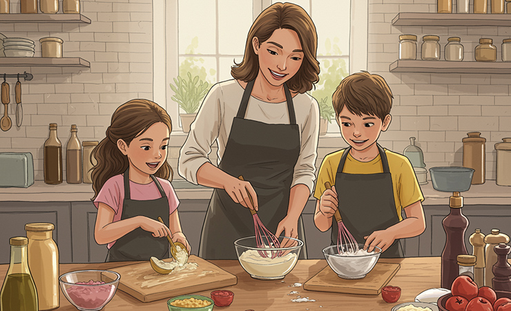 Mother Baking Cooking With Kids Cartoon