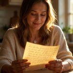a mother sitting in the kitchen reading a letter
