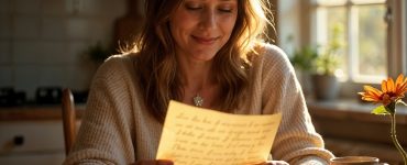 a mother sitting in the kitchen reading a letter