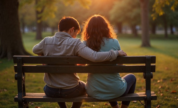 Two People Sitting On A Bench Sunset