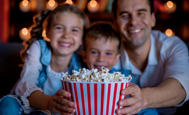 Kids Watching Movie With Dad Popcorn